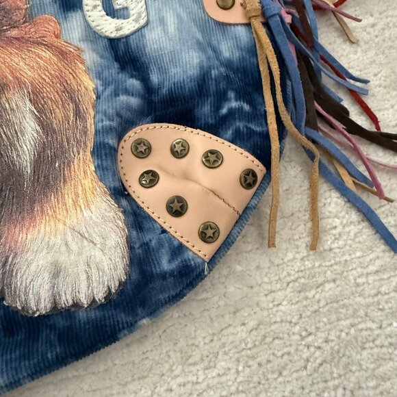 Tie-Dye Dog Print Corduroy Tote Bag With Fringe Details Zipper Pocket - Picture 4 of 13